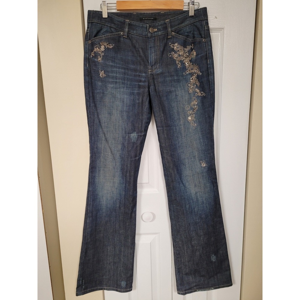 ELIE TAHARI Womens Boho Beaded Sequin Flared Jeans Dark Distressed Size 34X33